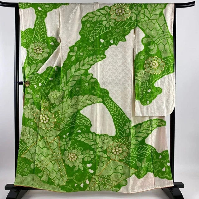 Japanese Kimono Furisode Pure Silk Gold Thread Aperture Yellow Green