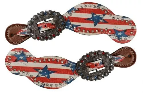 Showman Ladies Size Leather Spur Straps w/ Stars & Stripes Print