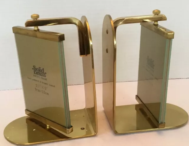 Pair of Lacquered Solid Brass Bookends w/Revolving Photo Frames, Heavy 2