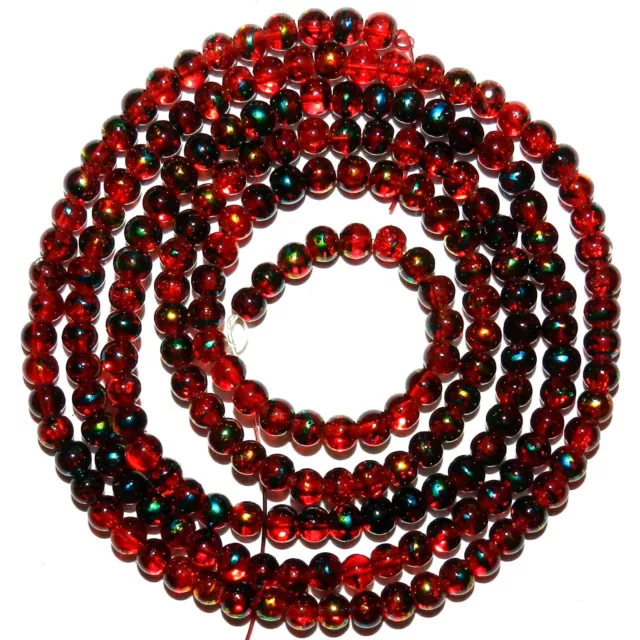 G3914 Red Metallic Drawbench Swirl 4mm Round Crackle Glass Beads 32"