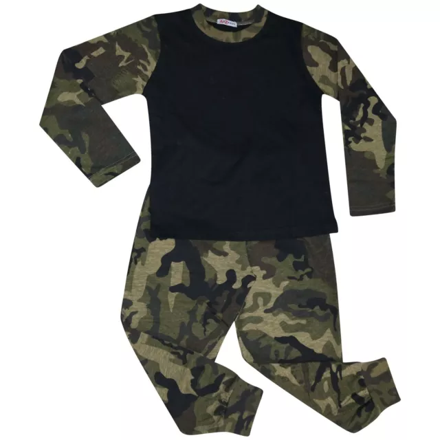 Kids Girls Boys Pjs Contrast Camouflage Green Plain Stylish Pyjamas Set 2-13 Yr