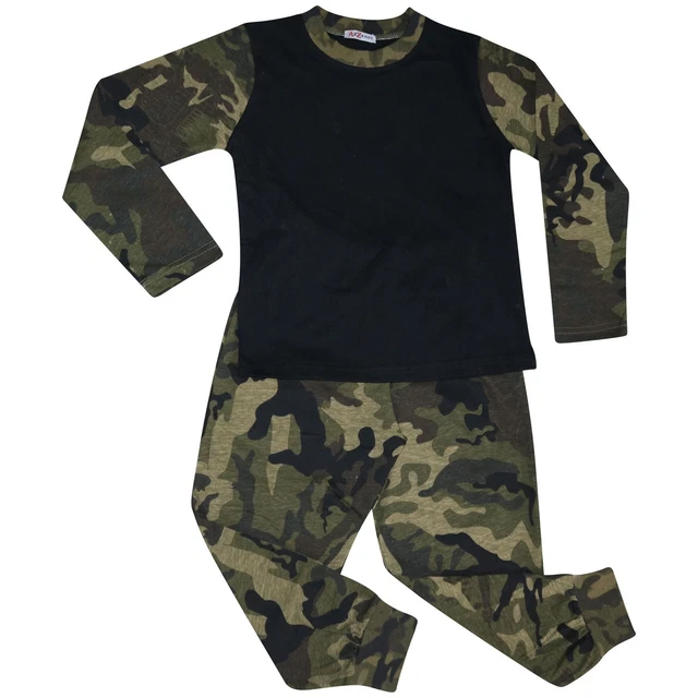 Kids Girls Boys Pjs Contrast Camouflage Green Plain Stylish Pyjamas Set 2-13 Yr