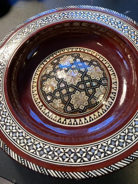 Vintage Wood Bowl Inlaid Mother of Pearl Micro Mosaic Trinket Dish