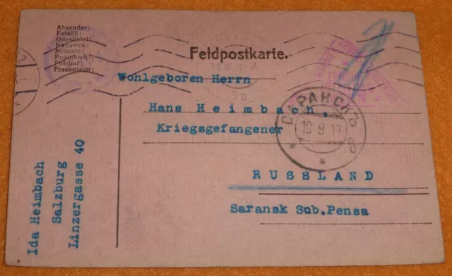 K.u.K. Zensur Feldpost Kriegsgefangenenpost Salzburg - Saransk Mordwinien 1917
