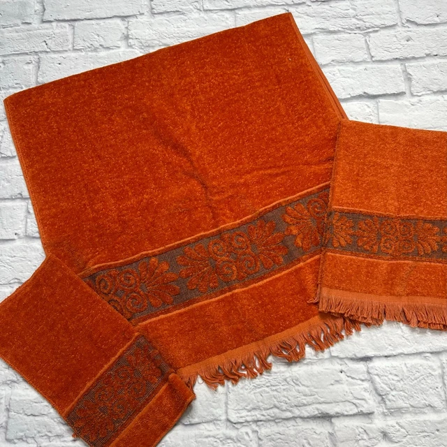 3 pc Vtg Orange Embossed Cannon Monticello Towel Set MCM 2 towels 1 washcloth