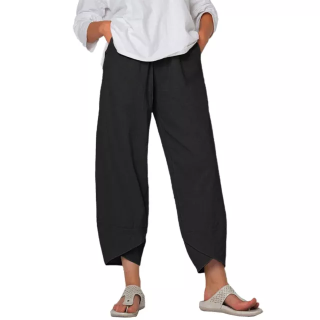 Pantalon ample confortable taille élastique en coton lin pour femmes détendues 3