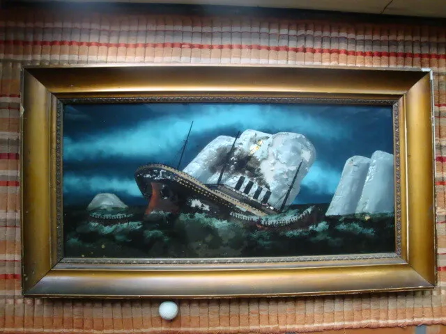 Rare Historical Antique TITANIC SINKING w LIFEBOATS Reverse Glass Painting