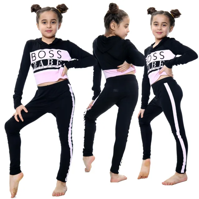 Kids Girls Crop Top Boss Babe Print Black Hooded Top & Trendy Legging Outfit Set