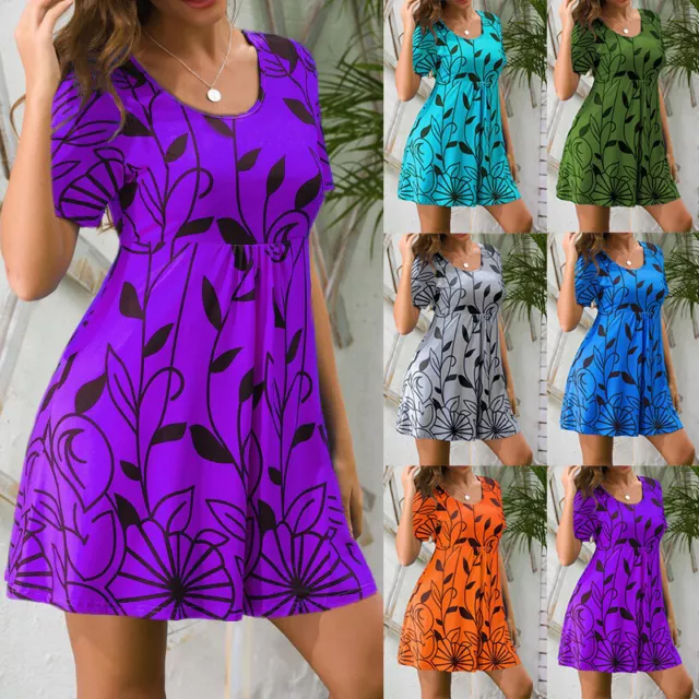 Plus Size Womens Floral Short Dress Ladies Casual Loose Boho Mini Dress T Shirt