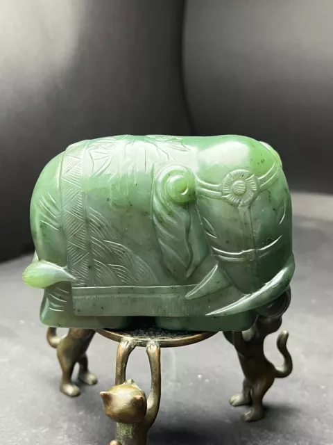 Chinese Exquisite Handmade Elephant Carving Green Hetian Jade Statue