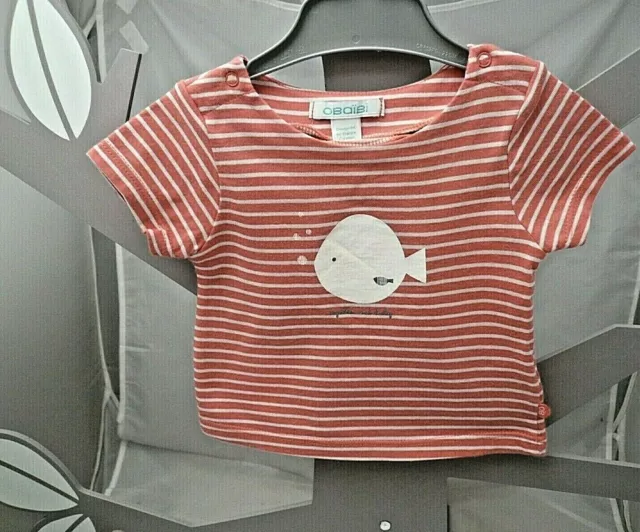 Obaibi Tee-shirt mche courte blanc rayé rouge motif imprimé poisson bébé 3 mois