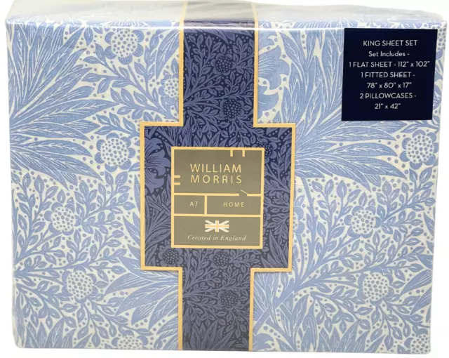 WILLIAM MORRIS England 4 PC KING Floral Cotton Sheet Set Marigold Blue Haze NEW