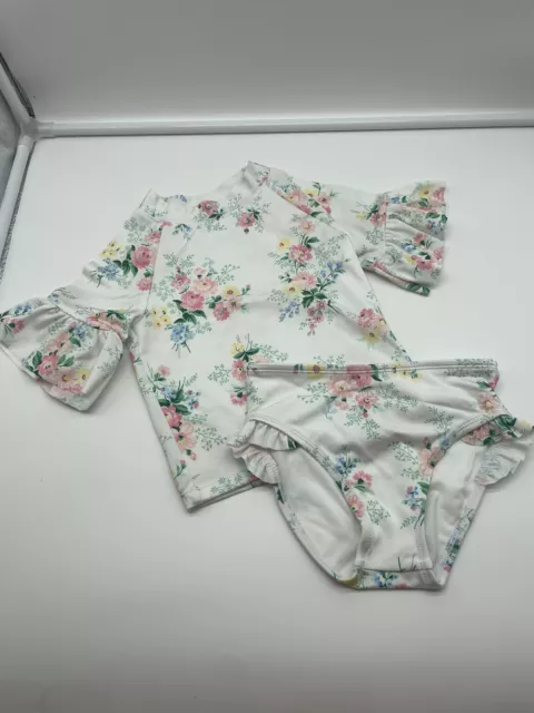 Janie & Jack White Pink Floral 2pc Rashguard Set Swim Suit Bathing Girl - Size 3