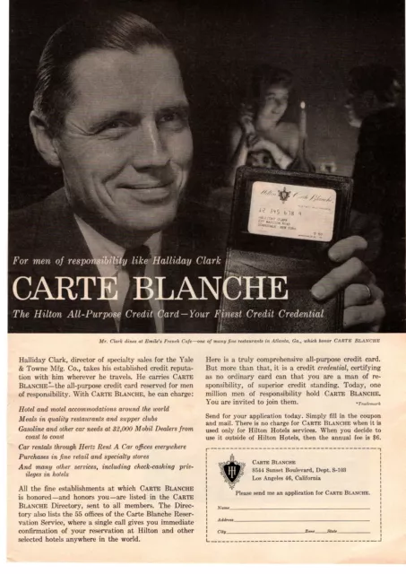 1959 Carte Blanche Hilton Hotel Credit Card Emile's French Cafe Atlanta Print Ad