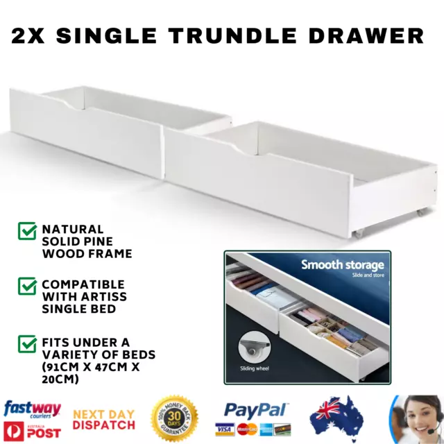 Storage Drawers Trundle 2x for Single Wooden Bed Frame Base Timber White