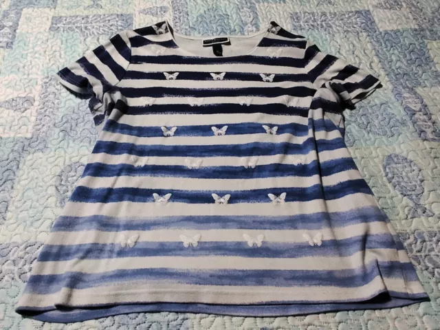 Karen Scott Woman Blouse Top Size 2XL Blue Stripes & Butterflies XXL Women's