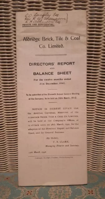 Ephemera - Aldridge Brick, Fliesen- Und Kohlegesellschaft - Direktorenbericht 1941.