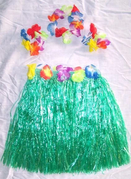 KIDS SIZE HAWAIIAN HULA GREEN SKIRT PARTY SET new childrens luau bracelet hat