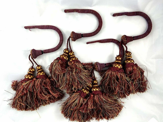 Vintage Curtain Hold Backs w Tassels. Solid Drapery Hooks. Large Tassels Regency