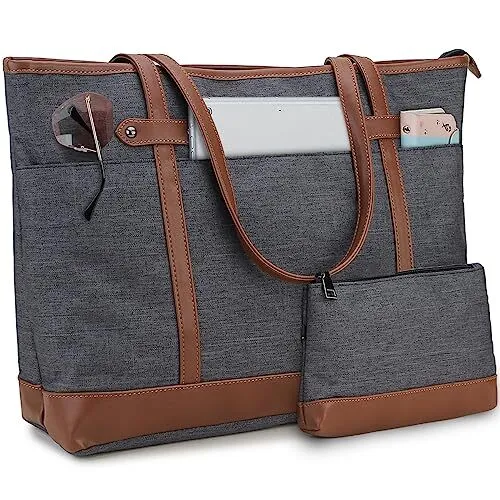 Laptop Tote Bag for Women, Water Resistant 15.6 Inch 15.6 Inch-dark Grey&brown