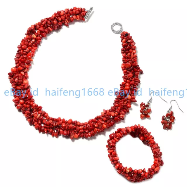 Schmuck Set 4 Reihen Rot Koralle Unregelmäßige Perlen Armband Ohrringe Halskette