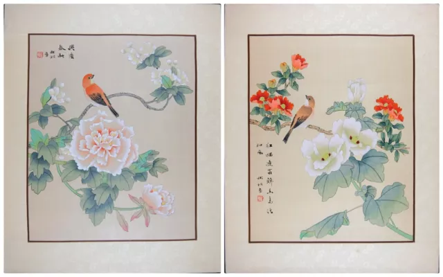 Two Vintage Asian Watercolor on Silk, Oriental Painting, Bird on the Blossom