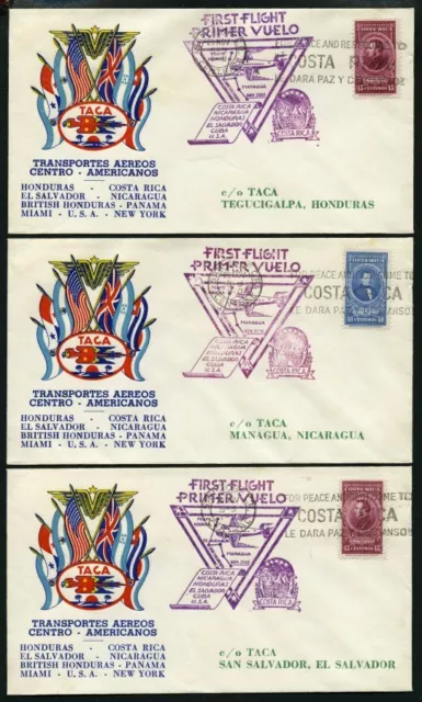 COSTA-RICA 1943, 3 verschiedene Erstflugbelege First Flight Primer Vuelo, Pracht