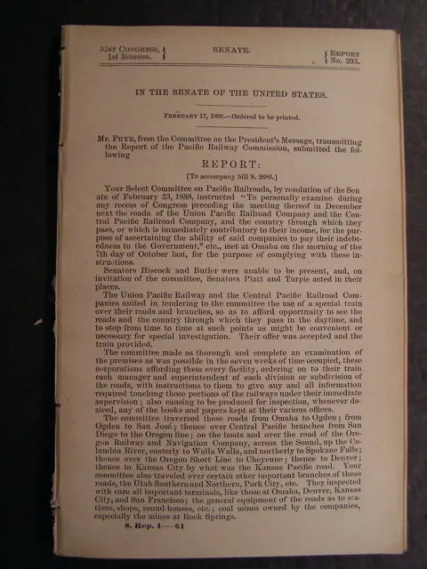Government Report 1890 Union Pacific Railroad Co & Central Pacific Railroad Co