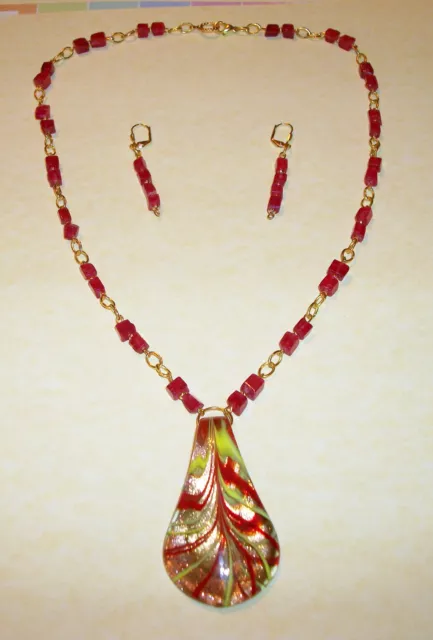 Hand Made Red Malaysia Jade Necklace W/Glass Pendant & Earrings