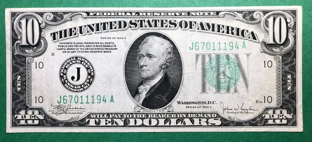 1934 C -$10- Federal Reserve Note - Light Green Seal - Kansas City - Very Fine