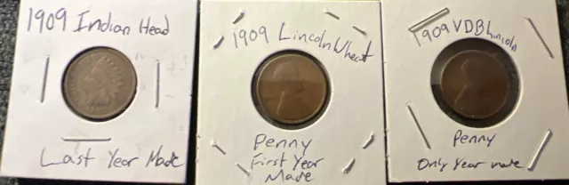 Every 1909 Penny, Last Indian Head, 1st Lincoln Penny  1909 VDB + 1909 wheat  VG