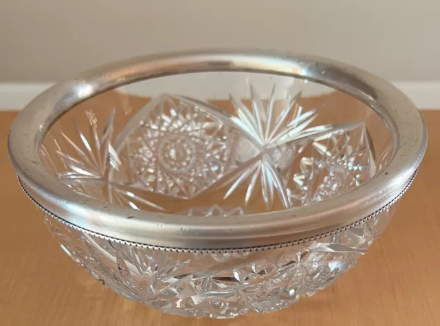 Antique American Brilliant Period Cut Glass Beaded Bowl w/ Sterling Silver Rim