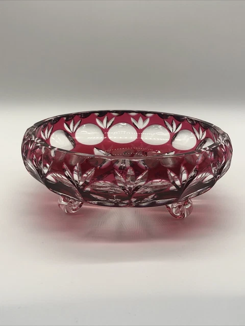 Vintage Bohemian Cranberry Cut to Clear Footed Crystal Bowl Vintage Bohemian Cranberry Cut to Clear Footed Crystal Bowl