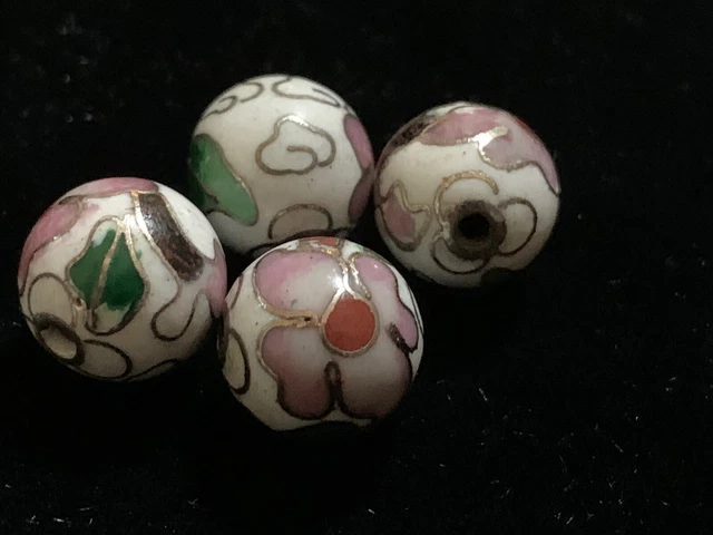 4 Vintage White Pink Flowers Leaves Cloisonne Chinese Enamel Round Beads 10mm
