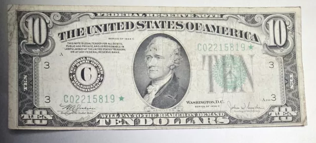 1934-C $10 Ten Dollar Federal Reserve Star Note PHILADELPHIA