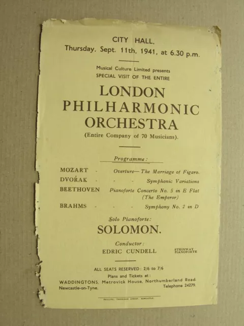 1941 LONDON PHILHARMONIC ORCHESTRA Edric Cundell Solomon Pianist NEWCASTLE