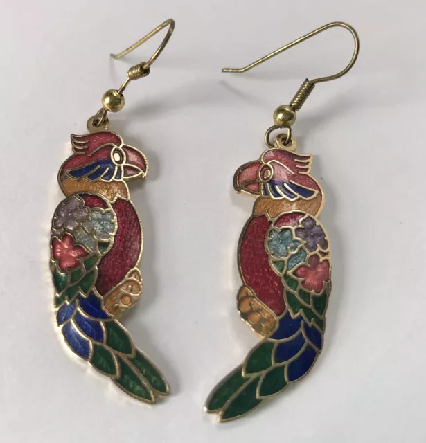 Cloisonne Enamel Colorful Red Parrot Earrings 1970s Floral