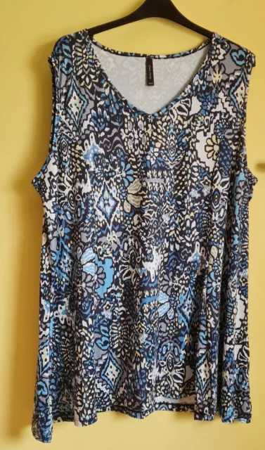 Ladies Long Blue Multi Print Stretch Tunic Vest  Top Plus Size 30/32