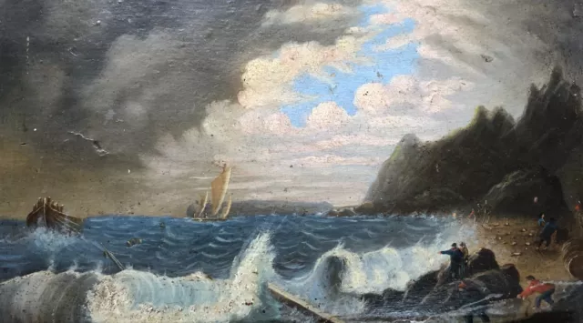Tableau Ancien, Marins Dans La Tempête, Huile Sur Panneau, Peinture, XIXe