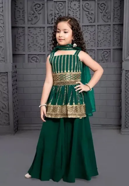 Girl's Embroidered Kurta & Sharara Suit Set With Dupatta For Kids 2-11 Years