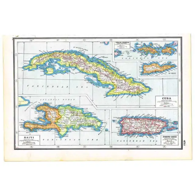 Antique Map 1920 - Haiti, Cuba Puerto Rico, Virgin Islands - Harmsworth Atlas