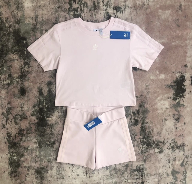 ADIDAS WOMENS TRACKSUIT Set Crop T Shirt Top Shorts Pastel Ladies