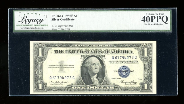 DBR 1935-E $1 Silver Fr. 1614 QG Block Legacy XF-40 PPQ Serial Q61794273G