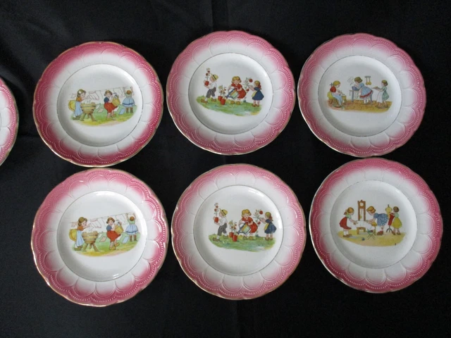 7 anciennes assiettes à déssert  à décor d'enfants  en St Amand Céranord 18 cm