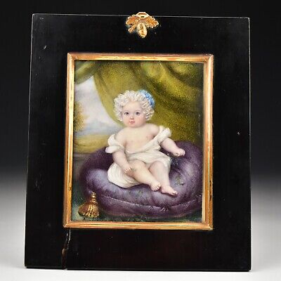 Miniature Portrait Painting of Baby On Pillow  Early 19th Century Signed Berman