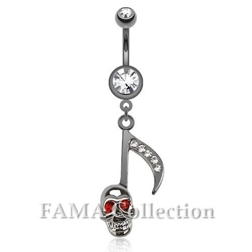 FAMA Gun Metal Grey Music Note with Skull & Gems Dangle Navel Belly Ring