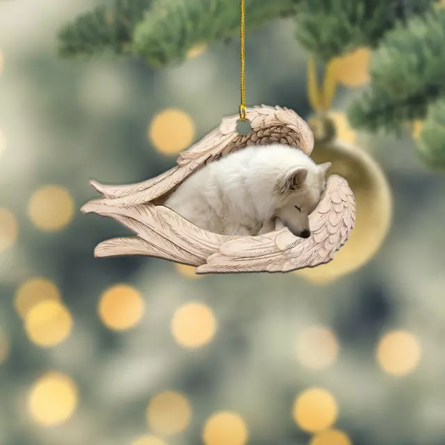 American Eskimo dog sleeping Angel Wings Christmas, love dog car Ornament Gift