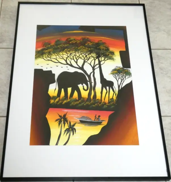 Colourful Picture of Africa Elephant Giraffe Man Fishing in Canoe Acasia Tree Fr
