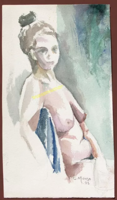 Watercolor Painting Aquarel  Female model  sitting on blue chair  1993 unframed