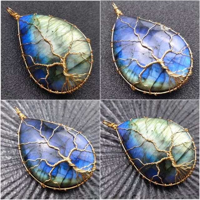 Natural Labradorite Tree Life Reiki Wire Wrapped Chakra Healing Pendant Beads